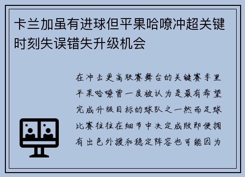 卡兰加虽有进球但平果哈嘹冲超关键时刻失误错失升级机会