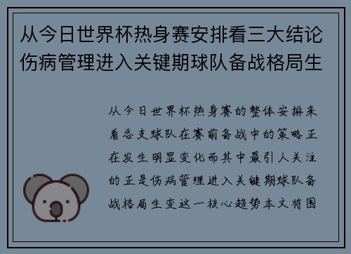 从今日世界杯热身赛安排看三大结论伤病管理进入关键期球队备战格局生变