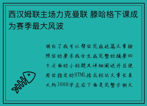 西汉姆联主场力克曼联 滕哈格下课成为赛季最大风波 西汉姆联主场力克曼联 滕哈格下课成为赛季最大风波